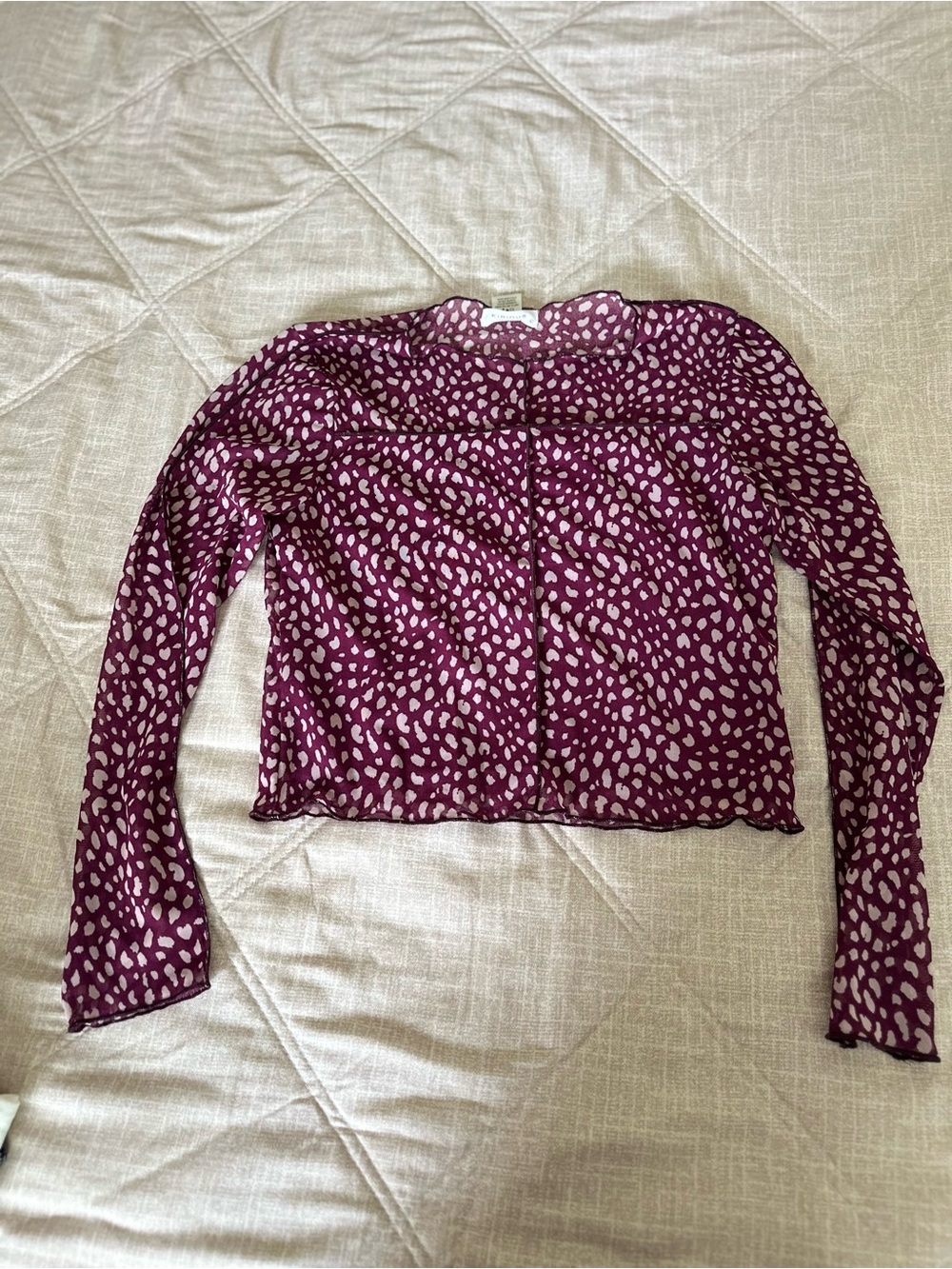 Sheer Long-Sleeve Printed Crop Top - Wine/Pink